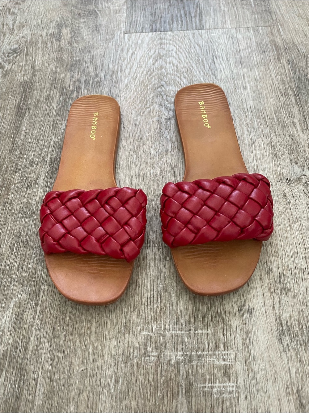 BAMBOO Red Braided Slide Sandals with Tan Footbed